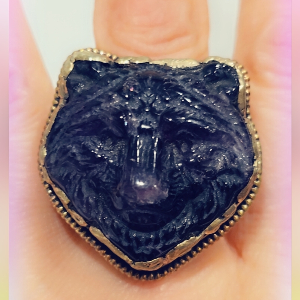 Carved Bear Amethyst Handcrafted Tibetan Ring